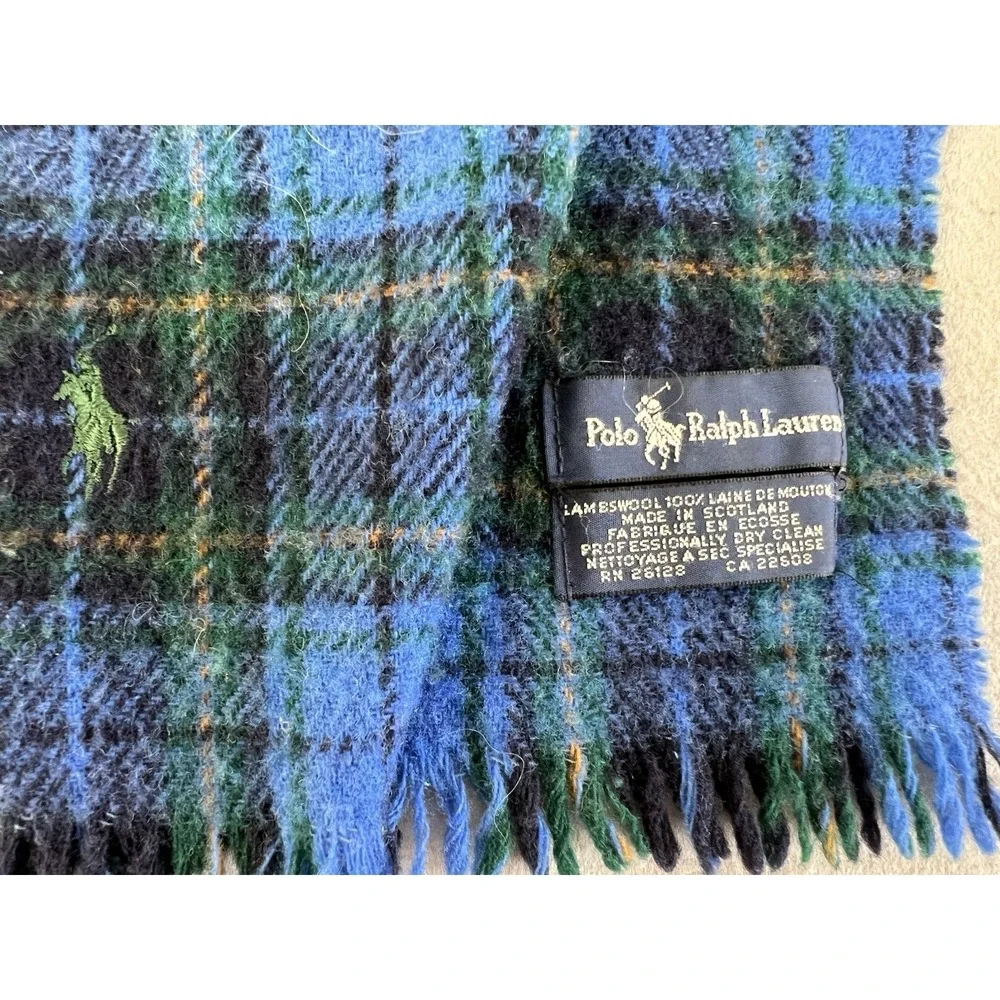 VTG Polo Ralph Lauren Men's Lambwool Plaid Scarf Green Blue 56